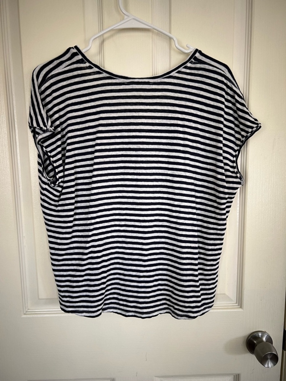 FRAME Striped Linen Tee Blue White Scoop Neck Raw Edge Top Organic Linen - Picture 7 of 9